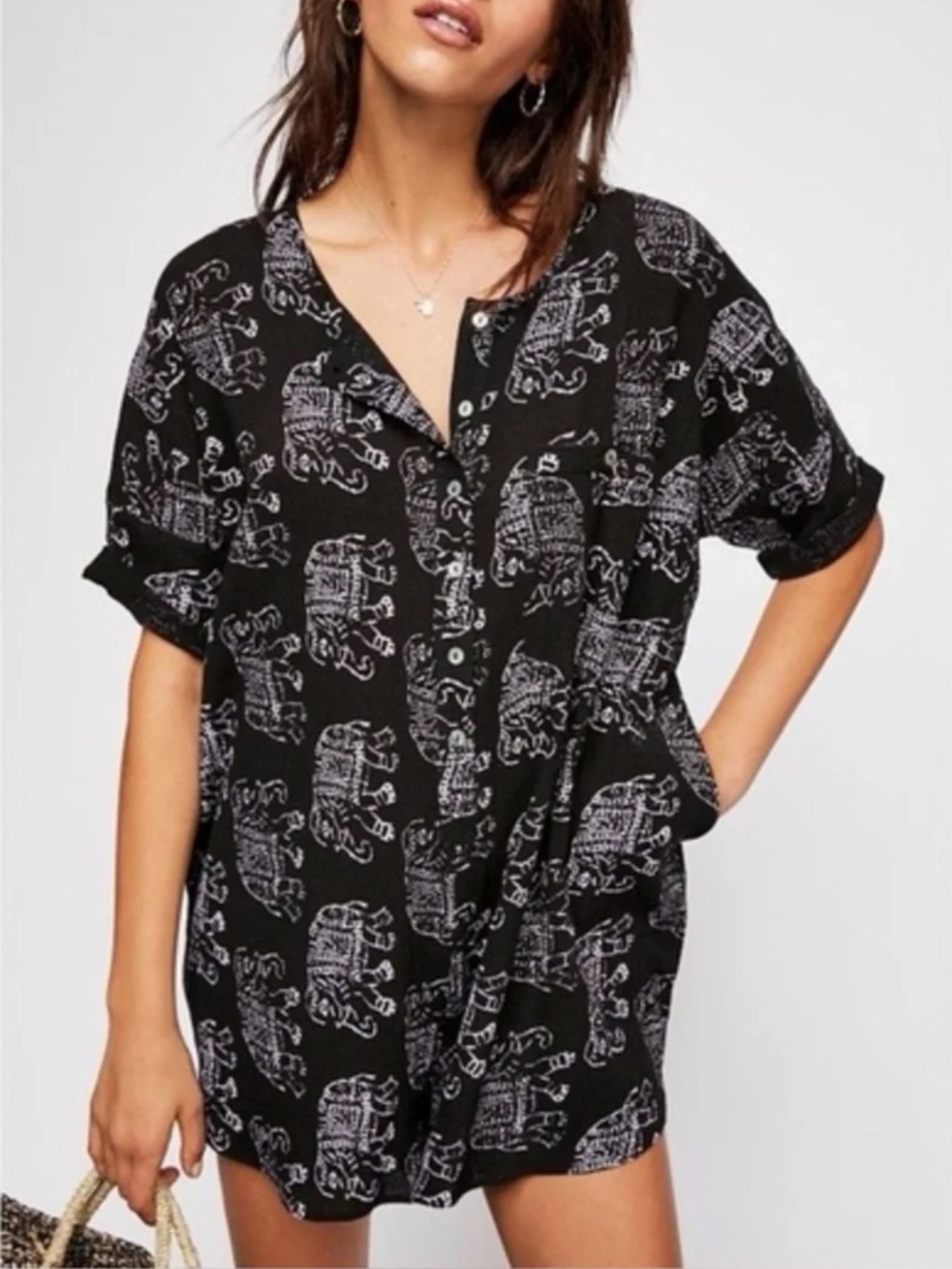 Free People Intimately Wear Me Daily Romper Black w/ Purple Elephant Print Sz Sm